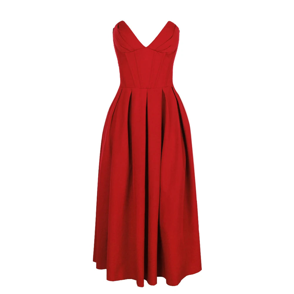 Red Strapless Corset Midi Dress