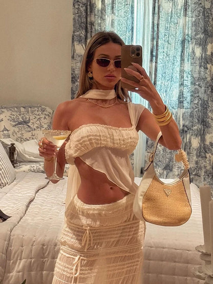 See Through Two-Piece Set with Scarf Top & Pleated Skirt