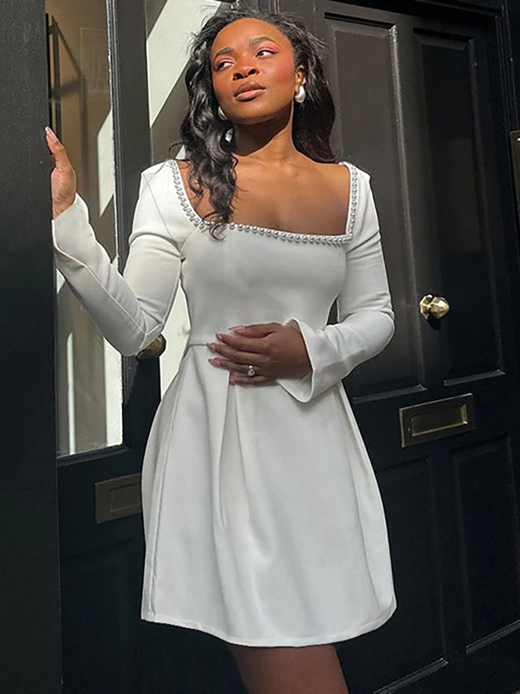 Chic Pearl Long Sleeve High Waist Mini Dress White