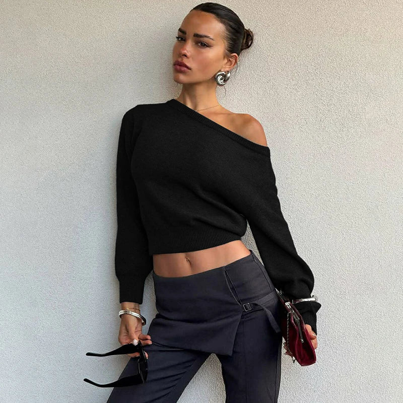 Inclined Shoulder Long Sleeve Slim Sweater