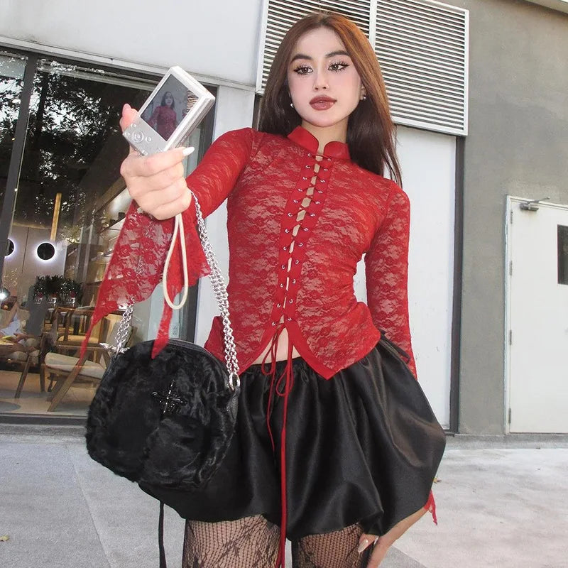 Red See Through Lace Top
