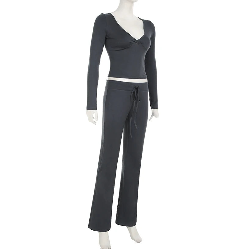 V-neck Top Full Length Pants Drawstring Suits Simple Slim Long Sleeves Low Waist