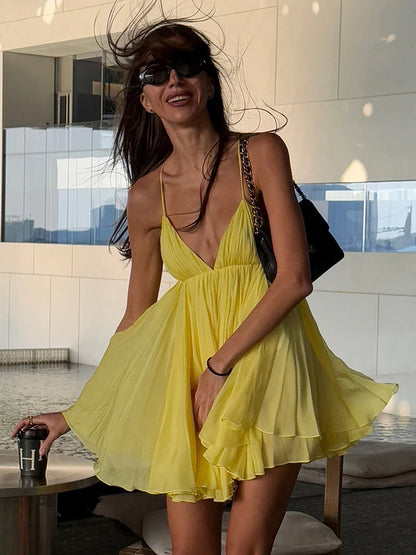 Backless Patchwork Mini Bodycon Dress with Lace-Up Design Yellow