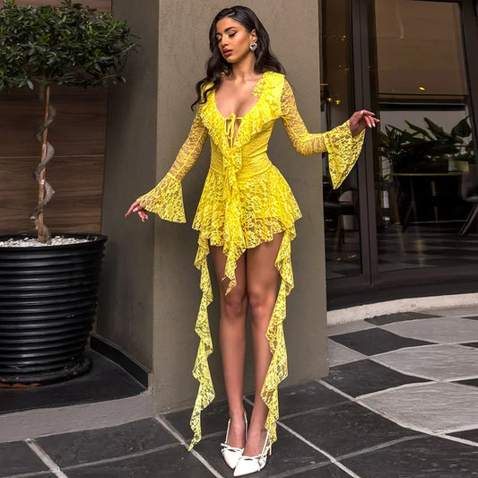 Spring 'S Dress Patchwork Lace Ribbon Ruffle Tie Rope Hollow Out Flare Long-Sleeved Mini Dress