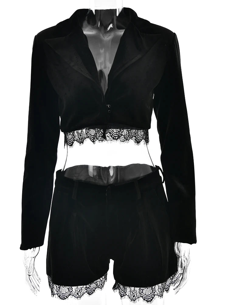 Notch Collar Lace Blazer Set Black Single Button Blazer Short Pant Set Two Piece Set