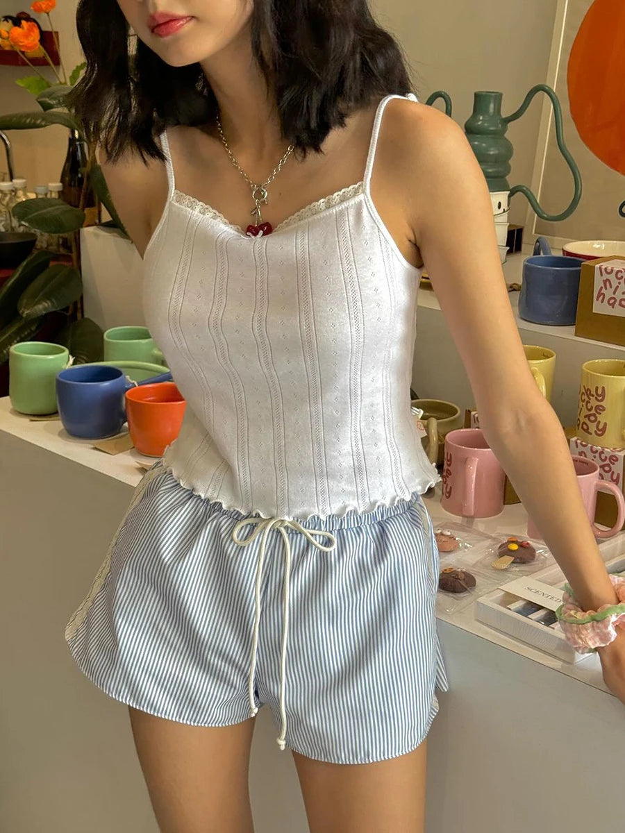 Striped Lace Elastic Waist Shorts