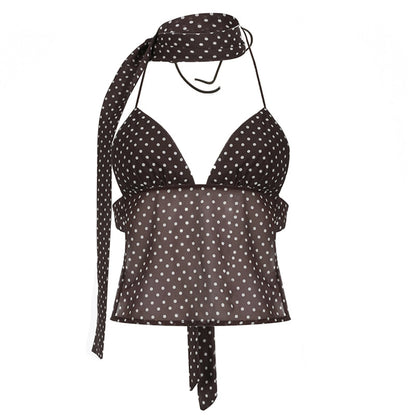 Backless V-Neck Polka Dot Top Brown