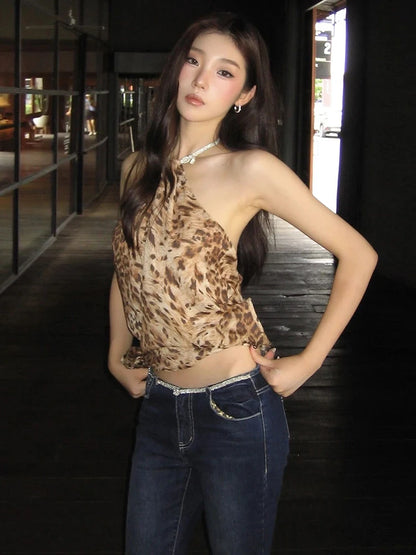 Leopard Backless Halter Tank Top