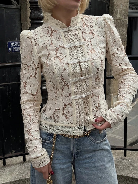 Floral See Through Stand Collar Lace Long Sleeve Top