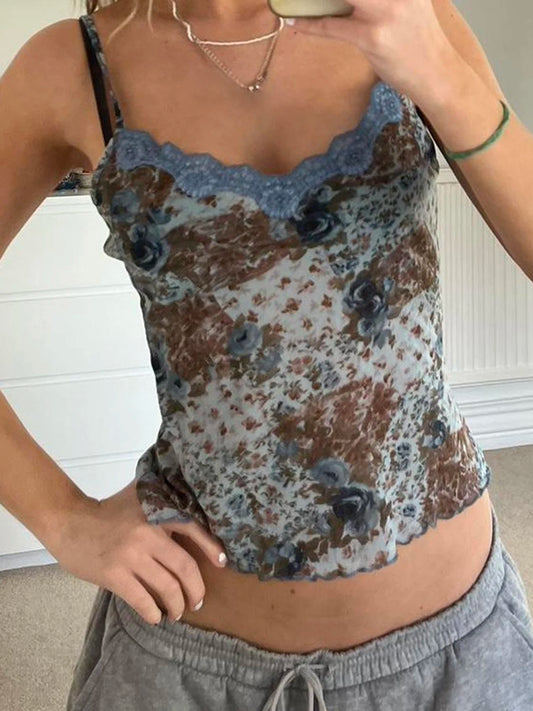 Floral Print Lace Sleeveless Camisoles Slim Backless Top