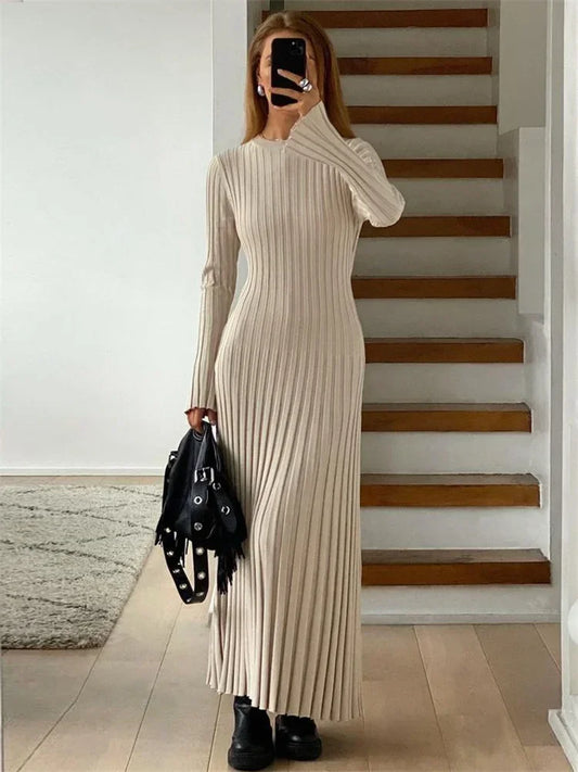 Lace-Up Long Sleeve Knit Maxi Dress