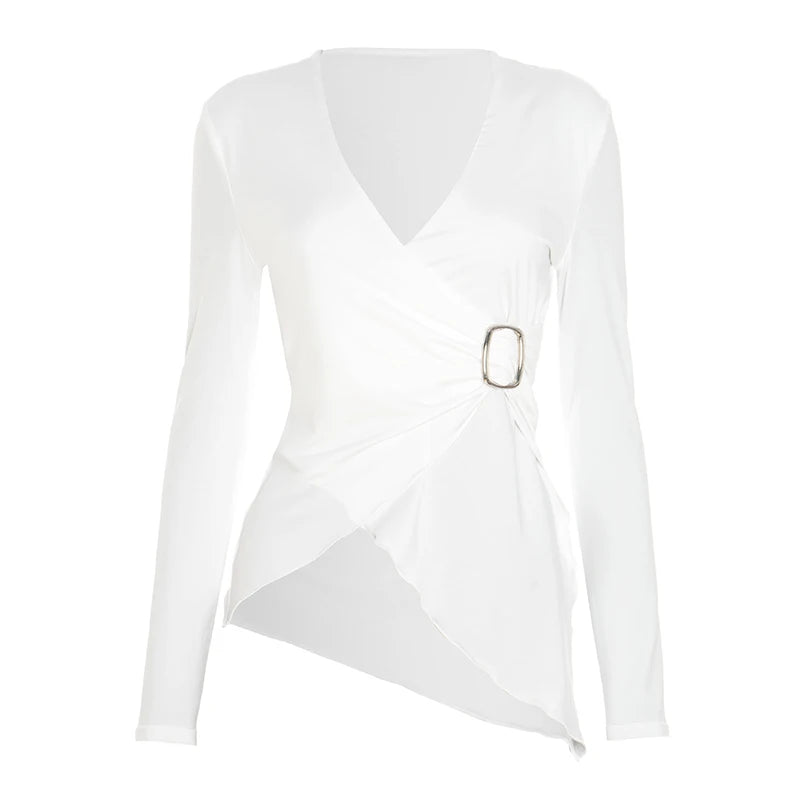 White Deep V-Neck Asymmetric Long Sleeve Top