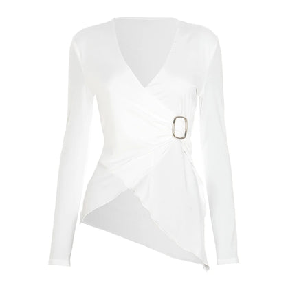 White Deep V-Neck Asymmetric Long Sleeve Top