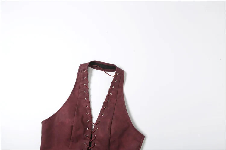 Red PU Sleeveless Halter Backless Top