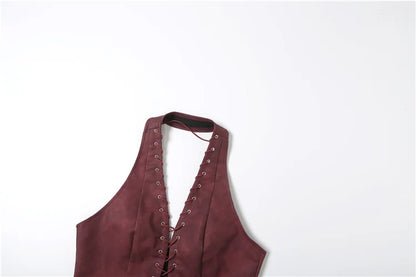 Red PU Sleeveless Halter Backless Top