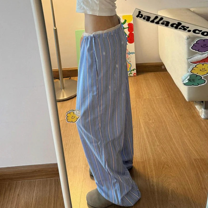 Striped Print Trousers Wide Leg Pants Lace Patchwork Japanese Bottom