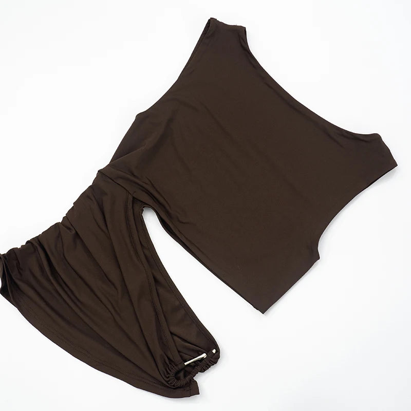 Brown Hollow Out Sleeveless Round Neck Top