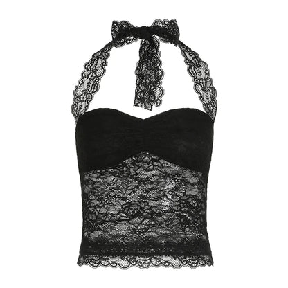 Lace Patchwork Backless Halter Neck Camisole Top black