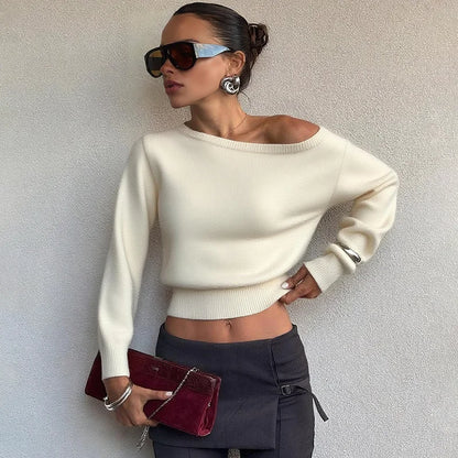 Inclined Shoulder Long Sleeve Slim Sweater