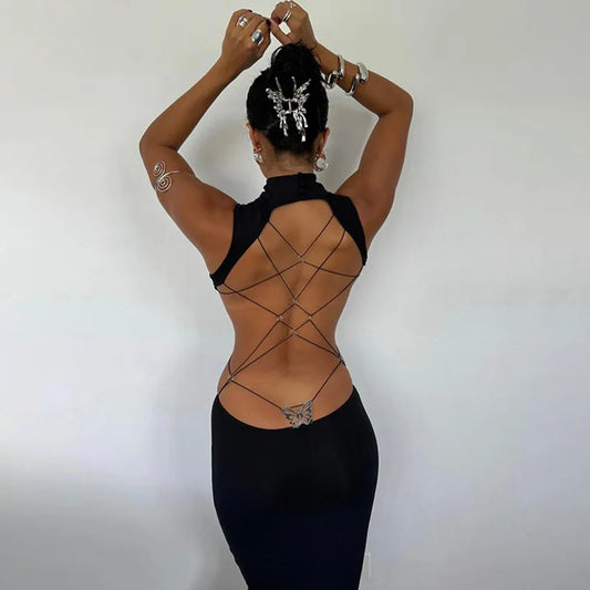 Black Backless Butterfly Detail Maxi Dress