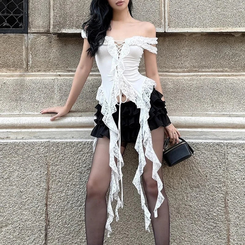 White Floral Lace Ruffle Top