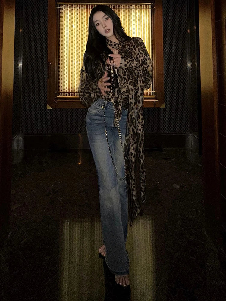 Leopard Chiffon Halter Long Sleeve Shirt