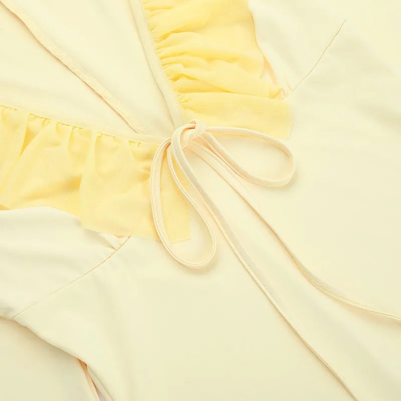 Yellow Ruffled V-Neck Long Sleeve Maxi Dress