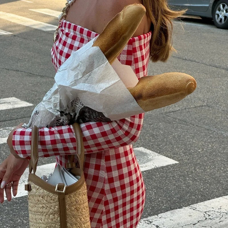 Red Plaid Off Shoulder Maxi Dress