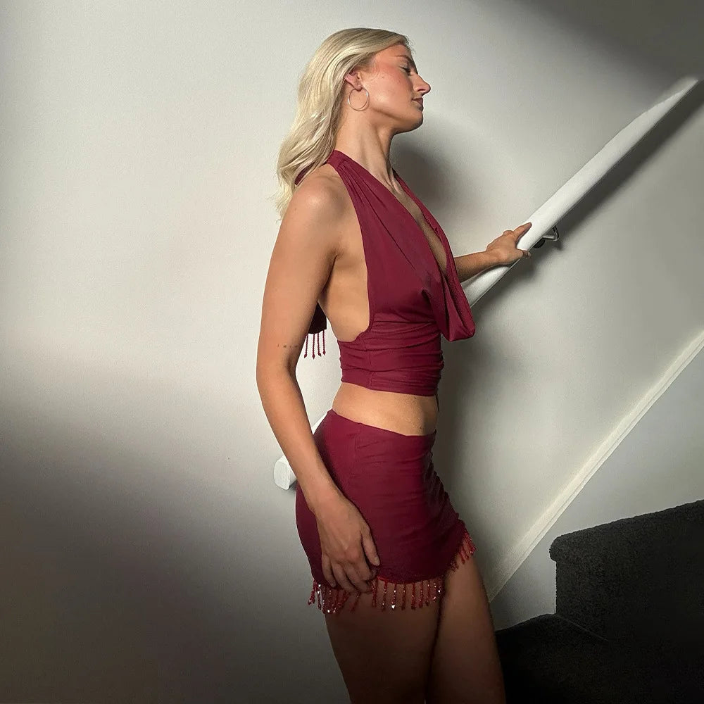 Burgundy Top and Mini Skirt Bodycon Two Piece Set
