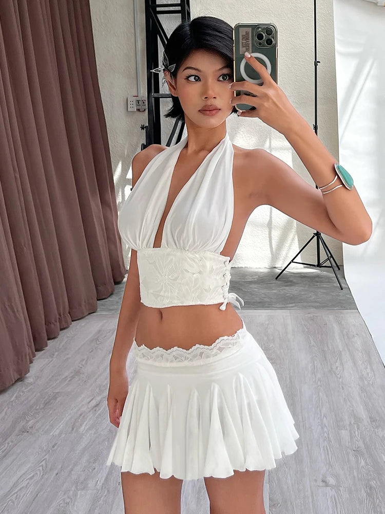 2Piece Set Y2K Patchwork Lace V-Neck Sleeveless Backless Folds Halter Top Wave Edge Skirt Matching Suit