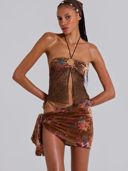 Brown Knit Halter Patchwork Three-Piece Set