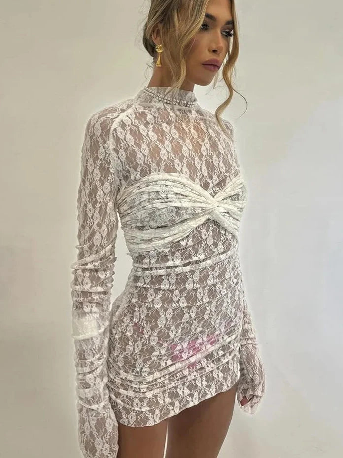 White Lace See Through Mini Dress