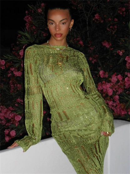 Green Knitted Backless Maxi Dress