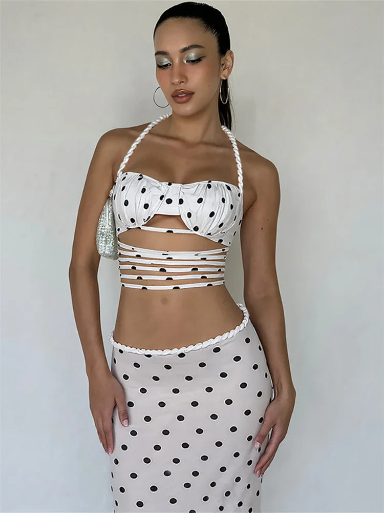 White Polka Dot Backless Tank Top and Midi Skirt Two Piece Set