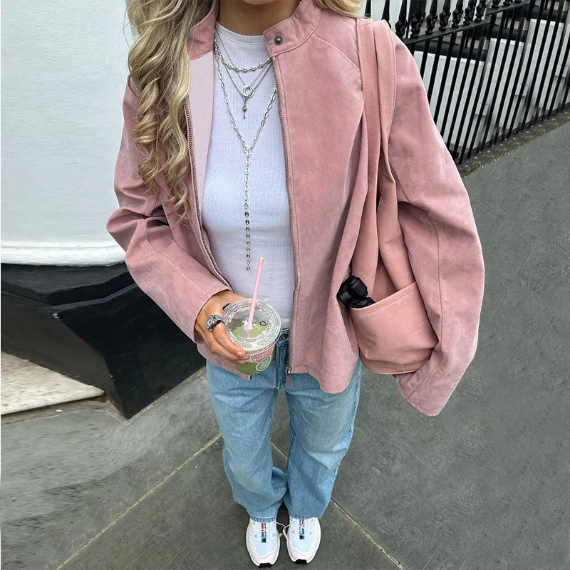 Pink Zip Up Suede Jacket