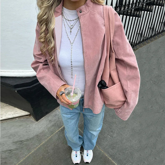 Pink Zip Up Suede Jacket
