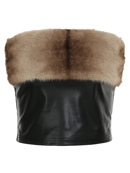 Furry Backless Strapless Mini Skirt Set black