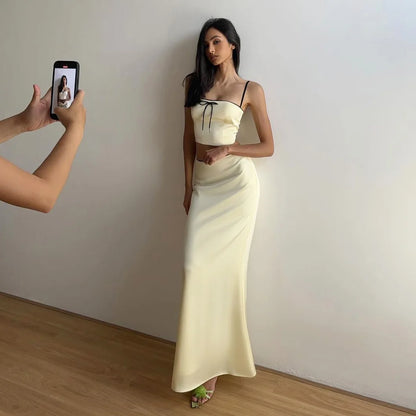 Apricot Satin Backless Crop Top and Midi Skirt Two Piece Set