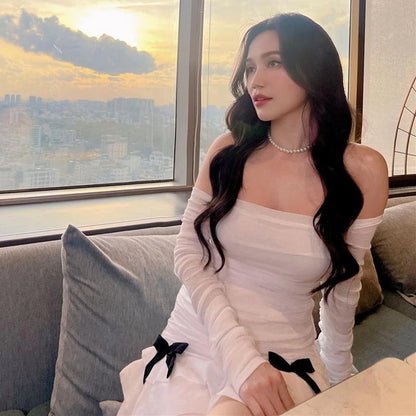 White Ruched Bow Off Shoulder Mini Dress
