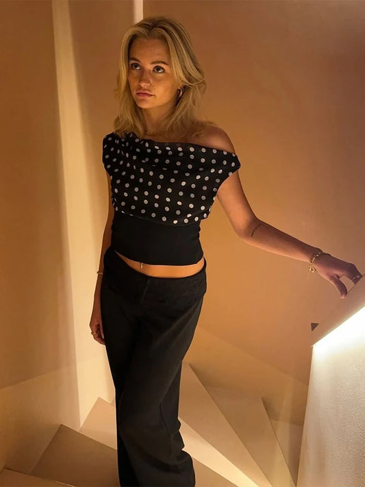 Polka Dots Off Shoulder Backless Ruched Top