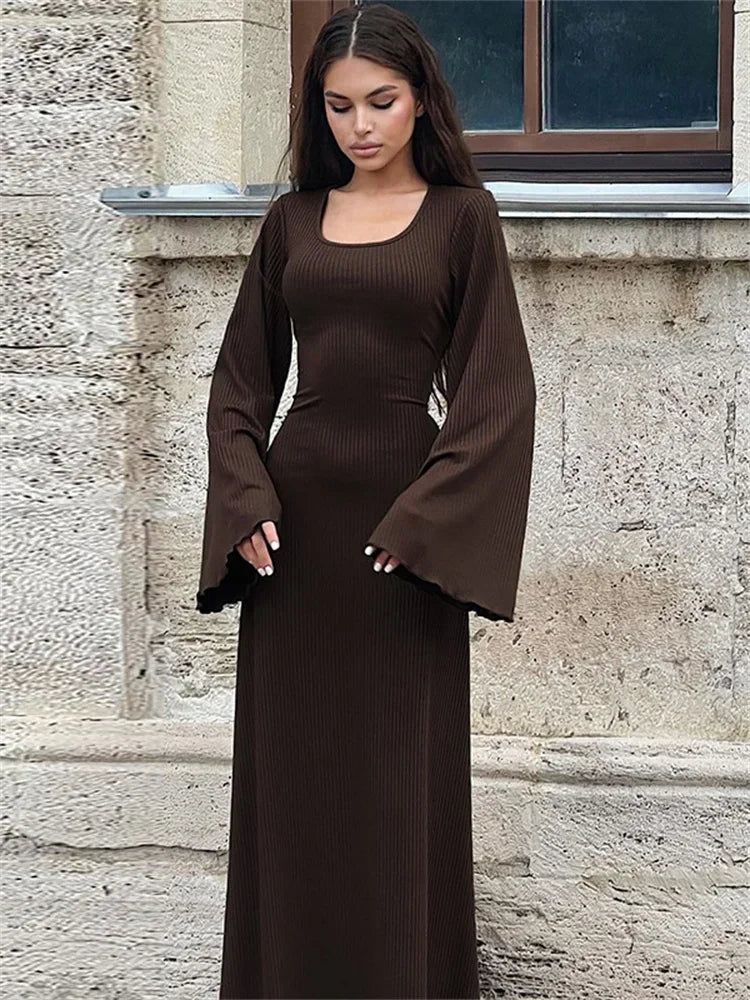 Ribbed Long Sleeve Slim Maxi Dress
