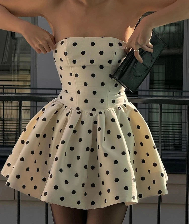 White Polka Dot Backless Mini Dress with Bow