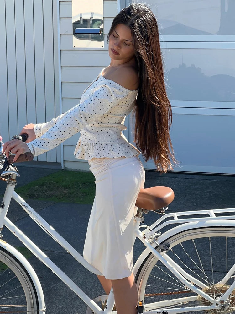 White Polka Dot Off Shoulder Long Sleeve Top