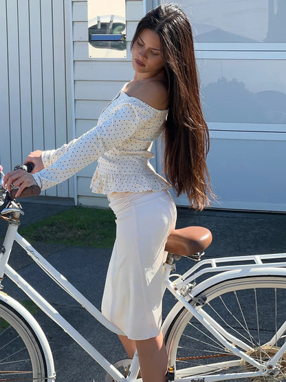 White Polka Dot Off Shoulder Long Sleeve Top