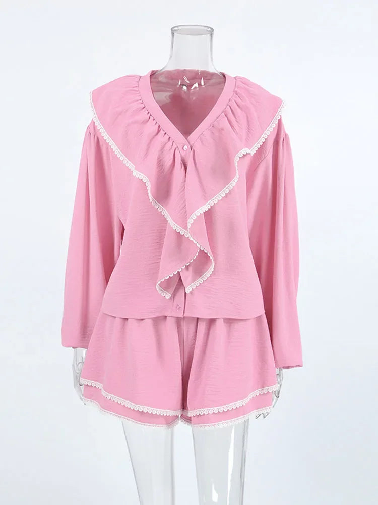 Lace Ruffl Top Shorts Set Pajamas Home Long Sleeve Top Cotton Matching Set Fall