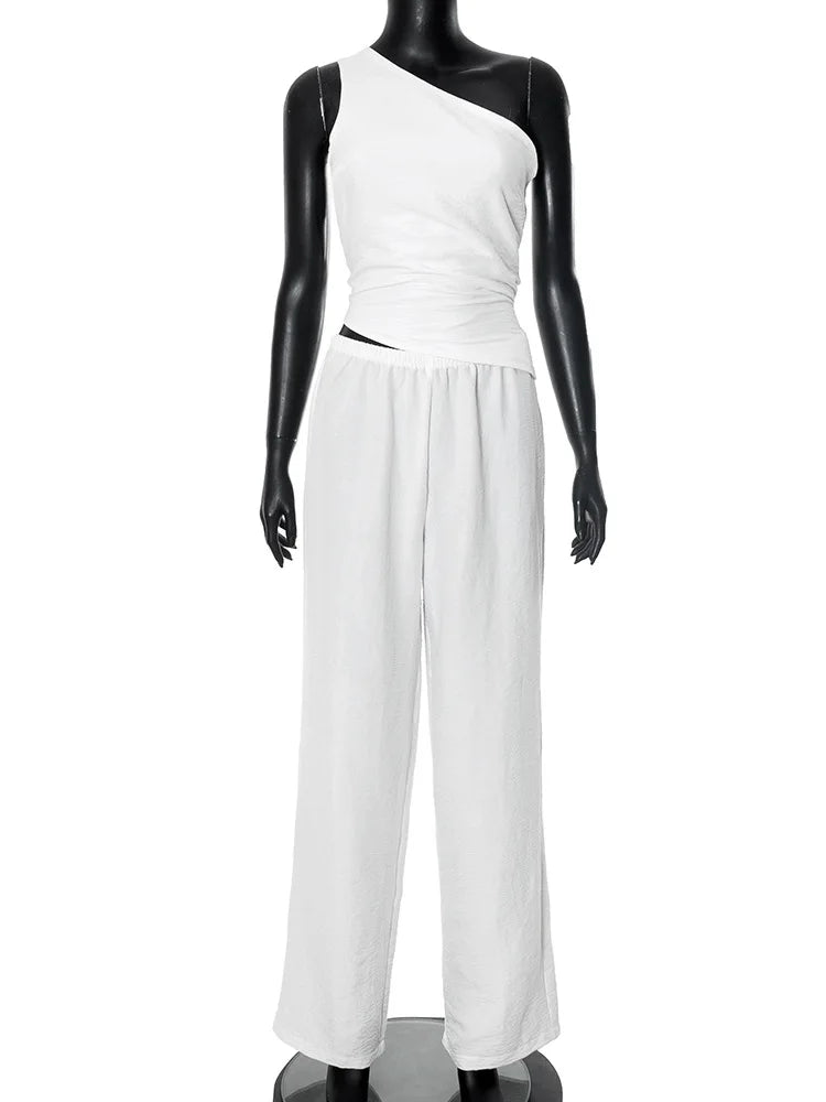 Chic White Sleeveless Two-Piece Set with Lace-Up Trousers White
