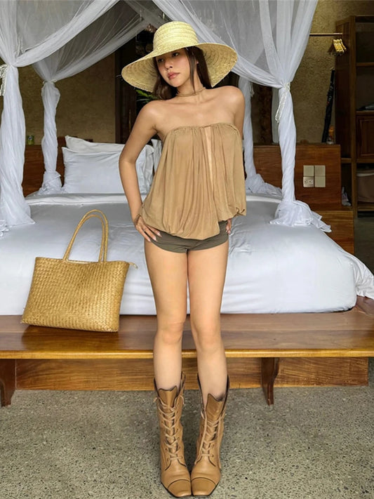 Khaki Ruched Strapless Top