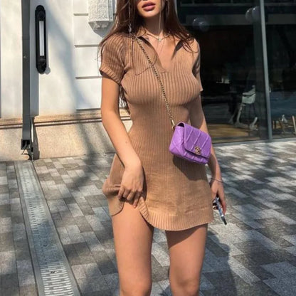 Khaki Knit Bodycon Dress with Polo Collar