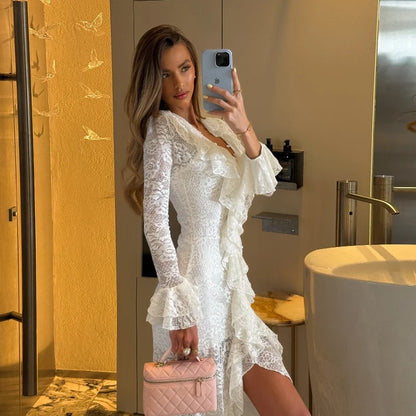 White Lace Ruffle Chiffon V-Neck Slit Long Dress