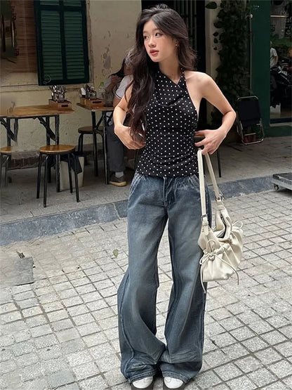 Polka Dot Backless Halter Tank Top